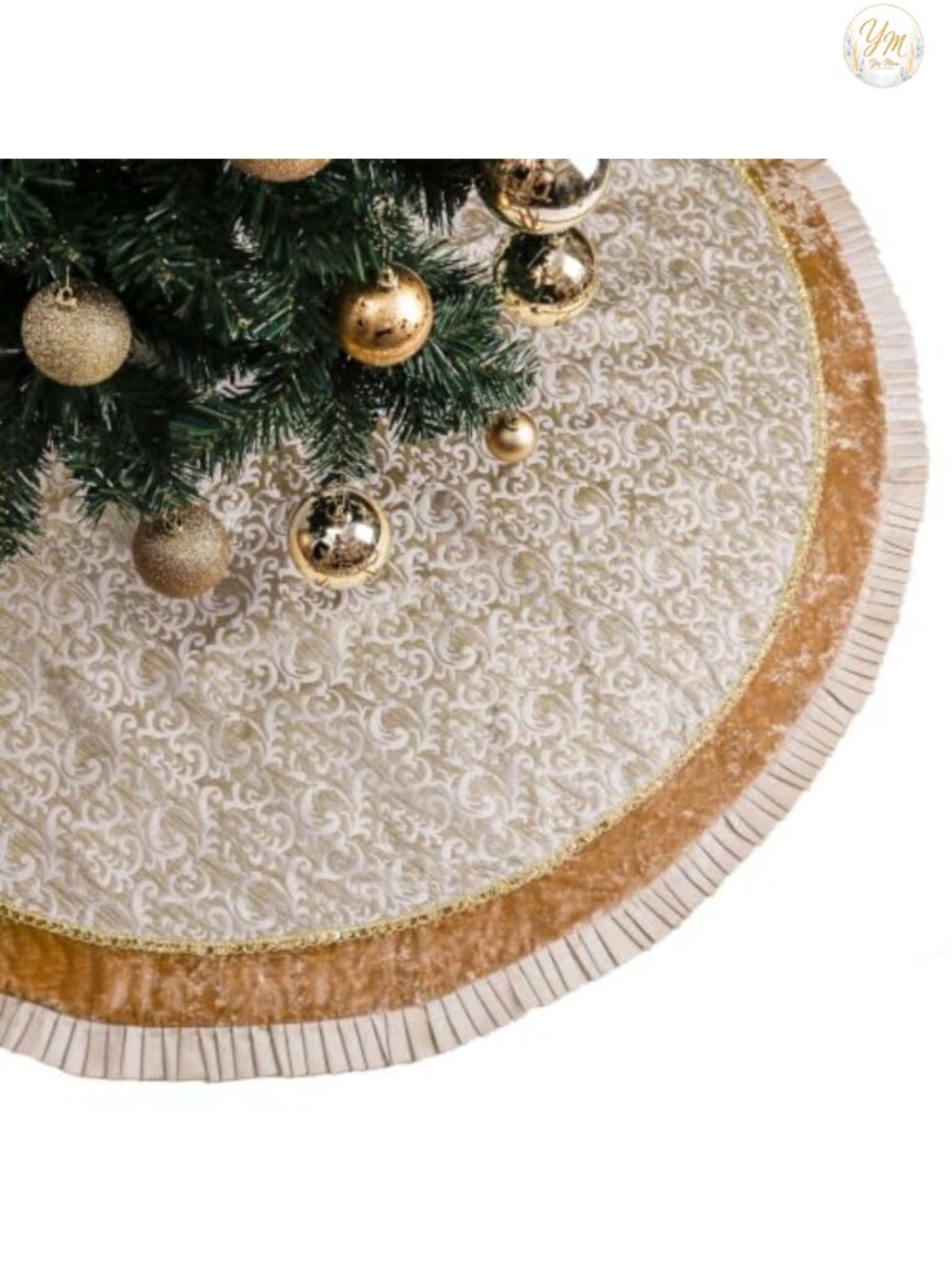 72 Inch Velvet Tree Skirt with Embroidery and Pleated Border